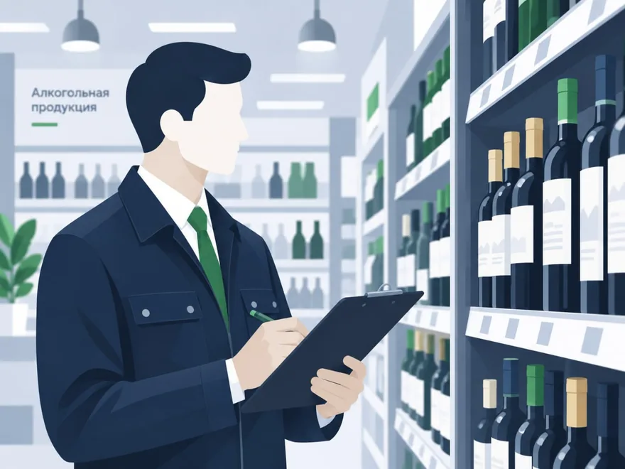 Специалист проверяет алкогольную продукцию на полках магазина