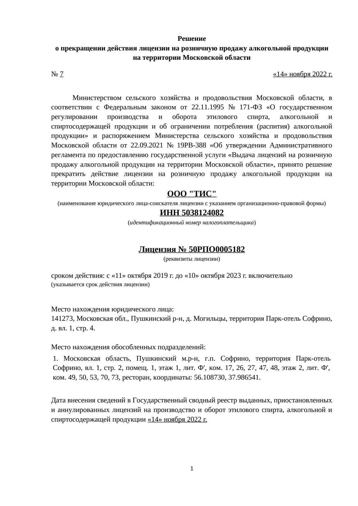 Решение о выдаче лицензии для Парк-отель «Софрино» (Sofrino Park)
