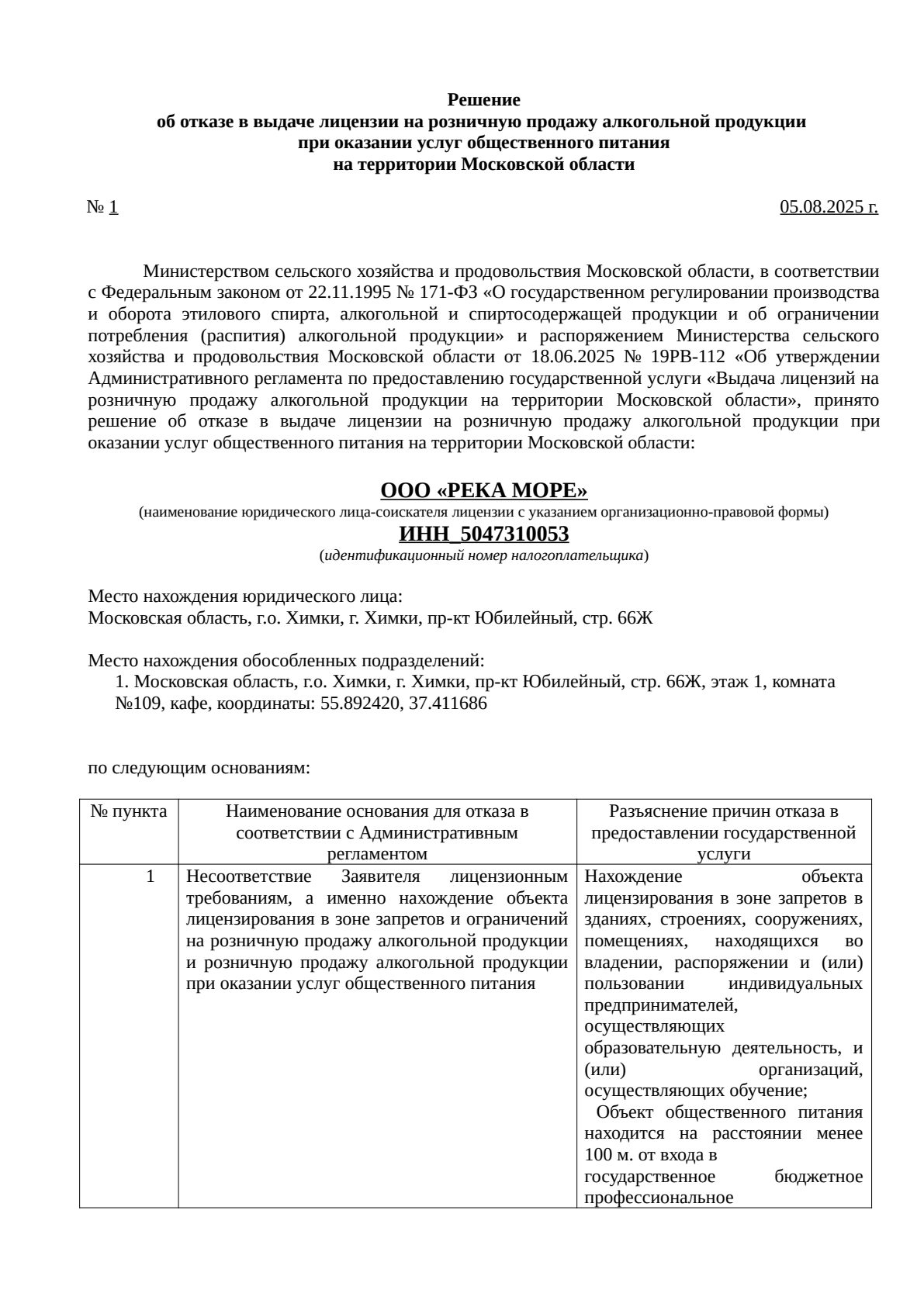 Решение о выдаче лицензии для Река Море