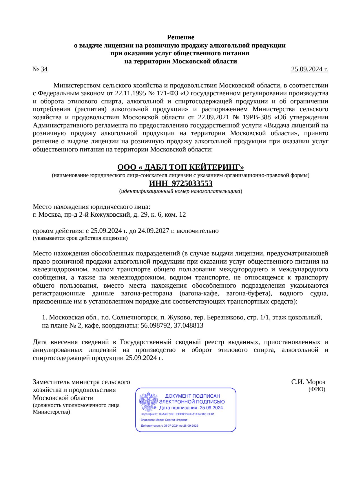 Решение о выдаче лицензии для The Birch